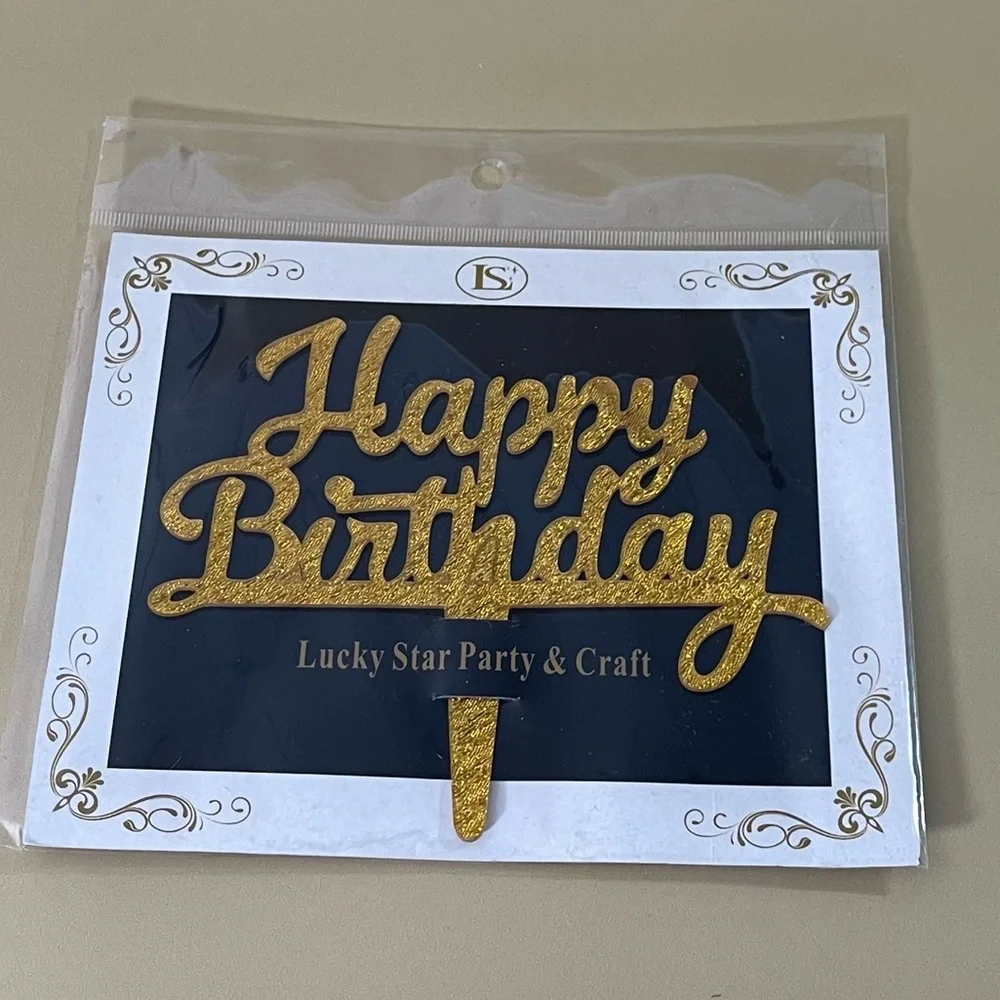 NWT Happy Birthday CursiveGold Sparkle Acrylic Cake Topper
